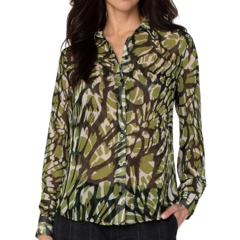 Liverpool Womens Abstract Sheer Blouse XS Green Foliage Oversized Button Down